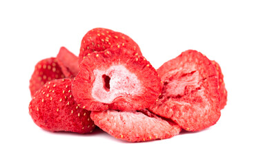 Dry strawberry isolated on white background. Dehydrated strawberries chips.