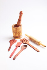 wooden spoon set on white background.