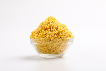 Sev. Besan Sev Indian Namkeen Noodles of chickpea flour. Besan Sev Popular Teatime Snack.