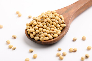 Dry soybean seed in wooden spoon on white background.