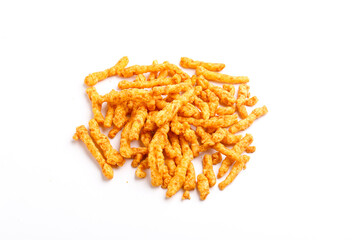 Delicious Homemade kurkure snack on white background.