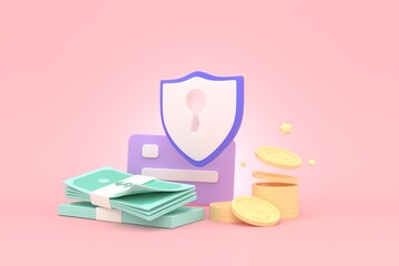 credit card protection shield on pink background 3d renderig.