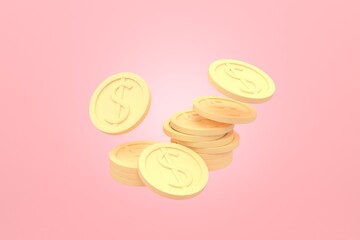 many coins on pink background 3d rendering.