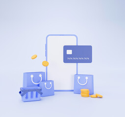 Smartphone with credit card online purchase shopping bag and basket e-commerce concept on blue background 3d illustration