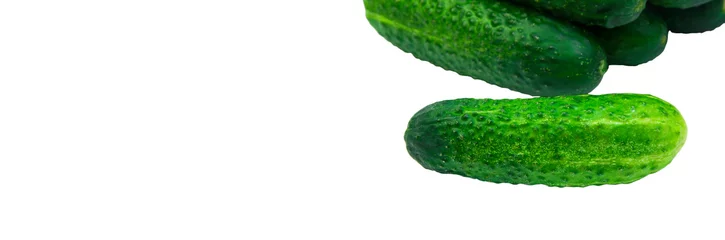 Crédence de cuisine en verre imprimé Légumes frais green cucumbers on a white background. ripe gherkins on a table. fresh vegetables on a light texture. the concept of growing cucumbers