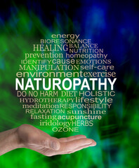 Offering you the benefits of Naturopathy Word Cloud Circle - male hand with a circular word cloud...
