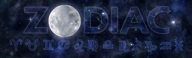 The twelve celestial signs and Moon in a Zodiac Night Sky - beautiful dark blue cosmos background with the moon making the O of ZODIAC and 12  astrology signs in a row beneath
