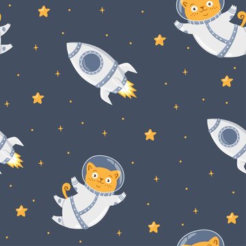Seamless vector pattern. Cat astronaut flying in space, smiling moon, stars, spaceship, space. Cute children's print. 