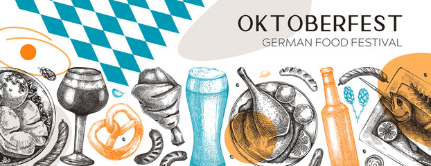 German food background in collage style. Oktoberfest menu trendy design. Vector meat dishes sketches and geometric shapes. German cuisine modern banner. Traditional Food festival illustration. - obrazy, fototapety, plakaty
