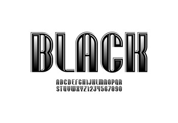 Graphic black font, modern alphabet, uppercase Latin letters from A to Z and Arab numbers from 0 to 9 for you designs
