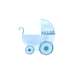 Watercolor blue baby carriage. High quality illustration
