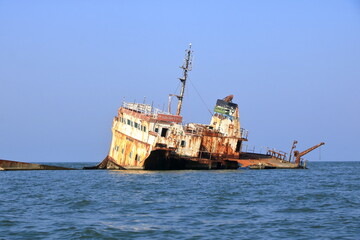 Danube Delta in Romania over sank ship, the shipwreck Turgut S in Sulina