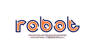 Digital font, rounded modern alphabet, letters and numbers made with a shift of parts or pieces