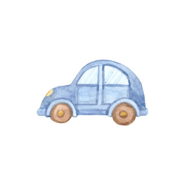 Watercolor blue toy car. High quality illustration