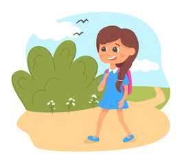 Vector illustration of happy little kid going at school together. Girl and boy with backpacks. Study concept. Cartoon pupils talking.