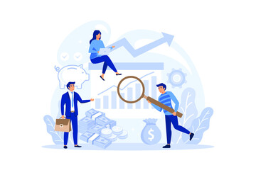 Financial analyst or consultant online service or platform. Business character making financial operation. Online tutorial, consultation, application, website. flat design modern illustration