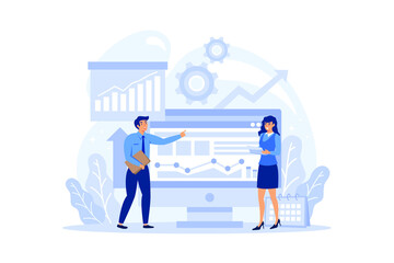 Big data online service or platform. Modern computer technology. Analyzing digital information. Online tutorial, data processing, data base application, web site. flat design modern illustration