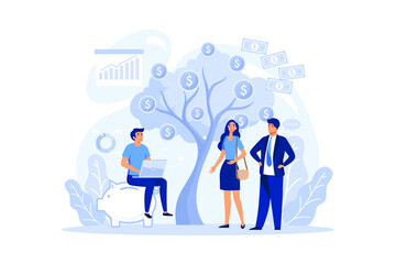 Fototapeta na wymiar Financial broker. Income, investment and saving concept. Business character making financial operation. flat design modern illustration