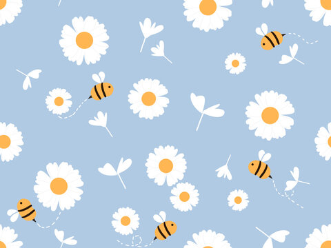 Seamless pattern with daisy flower and bee cartoons on blue background vector. Cute floral print.