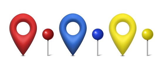 3D map pins set in red, blue and yellow colors isolated on white background. Vector illustration