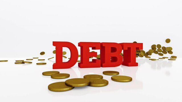 Stack of golden coins hit by DEBT text. 3D render.