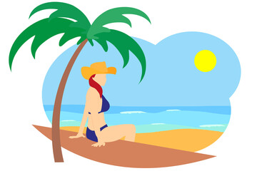 Fototapeta na wymiar Flat drawing of a woman in bikini with hat sitting on the beach next to a tropical palm tree. Moment of relaxation and wellness in summer vacations