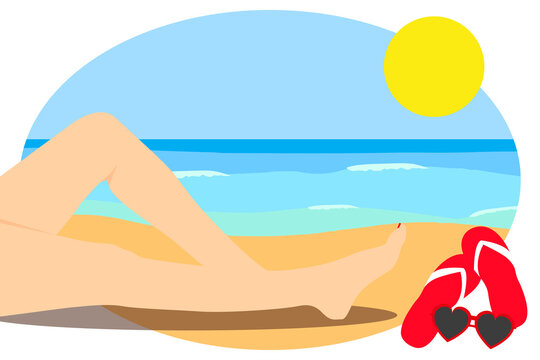 Flat drawing of sensual legs of a woman lying on the sand on the beach with flip flops and heart-shaped glasses. Relax and wellness in summer vacations
