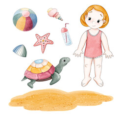 Drawn little girl in full growth that can be placed on the sand and different items can be placed near. The constructor of 8 elements about baby on the beach. Digital illustration in watercolor style