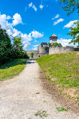Fototapeta na wymiar Ancient castle Trencin, Slovakia. Old fort on the hill, big walls and towers. Summer day, dramatic clouds before storm.