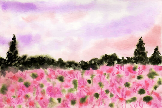 pink flowers in the field landscape painting