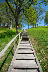 Fototapeta na wymiar Stairway to Dubingiai castle site in Asvejos regional park, Lithuania.