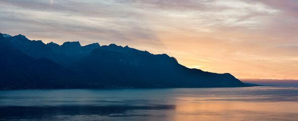 Evening panorama of lake Lausanne, Switzerland.