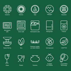 Symbols of food-grade metal indicate the properties and destination of a utensil. Properties of glass and ceramic dishes. Pottery symbols. Kitchen icon set. Thine line icons.