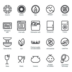 Symbols of food-grade metal indicate the properties and destination of a utensil. Properties of glass and ceramic dishes. Pottery symbols. Kitchen icon set. Thine line icons.