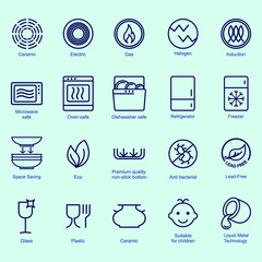 Symbols of food-grade metal indicate the properties and destination of a utensil. Properties of glass and ceramic dishes. Pottery symbols. Kitchen icon set. Thine line icons.