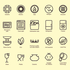 Symbols of food-grade metal indicate the properties and destination of a utensil. Properties of glass and ceramic dishes. Pottery symbols. Kitchen icon set. Thine line icons.