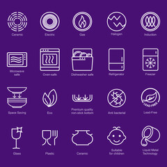 Symbols of food-grade metal indicate the properties and destination of a utensil. Properties of glass and ceramic dishes. Pottery symbols. Kitchen icon set. Thine line icons.