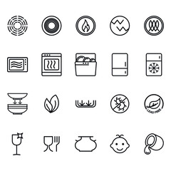 Symbols of food-grade metal indicate the properties and destination of a utensil. Properties of glass and ceramic dishes. Pottery symbols. Kitchen icon set. Thine line icons.