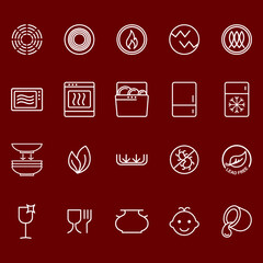 Symbols of food-grade metal indicate the properties and destination of a utensil. Properties of glass and ceramic dishes. Pottery symbols. Kitchen icon set. Thine line icons.