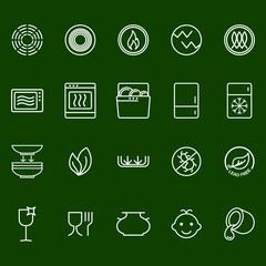 Symbols of food-grade metal indicate the properties and destination of a utensil. Properties of glass and ceramic dishes. Pottery symbols. Kitchen icon set. Thine line icons.