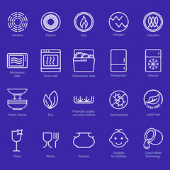 Symbols of food-grade metal indicate the properties and destination of a utensil. Properties of glass and ceramic dishes. Pottery symbols. Kitchen icon set. Thine line icons.