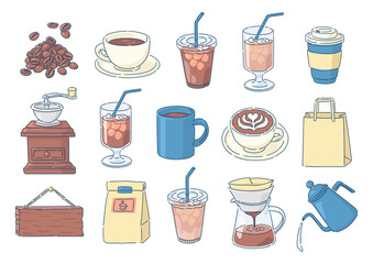 コーヒーやカフェに関する様々なイラストのセット.