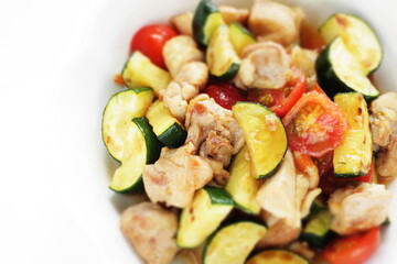 Chinese food, zucchini and chicken stir fried with Chinese meat