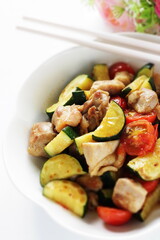 Chinese food, zucchini and chicken stir fried with Chinese meat