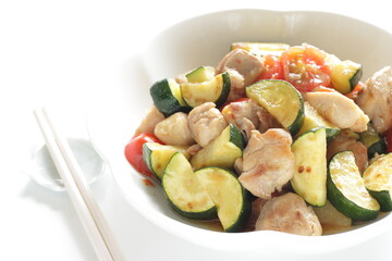 Chinese food, zucchini and chicken stir fried with Chinese meat