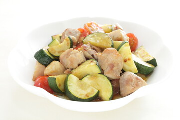Chinese food, zucchini and chicken stir fried with Chinese meat