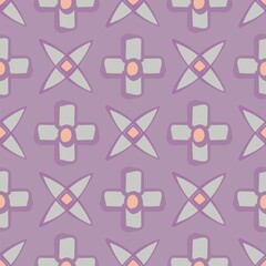 Purple graphic flower shapes vector seamless repeat pattern with grey and pink detail
