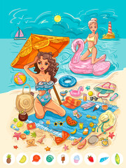Obraz na płótnie Canvas Girls relax on beach with little things
