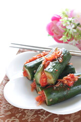 Korean food, radish kimchi in cucumber for spicy side dish 