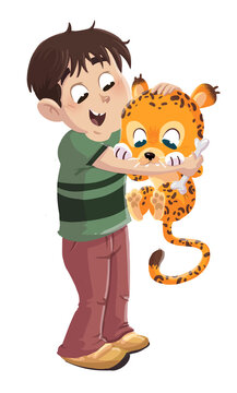 Funny illustration of a boy with a jaguar